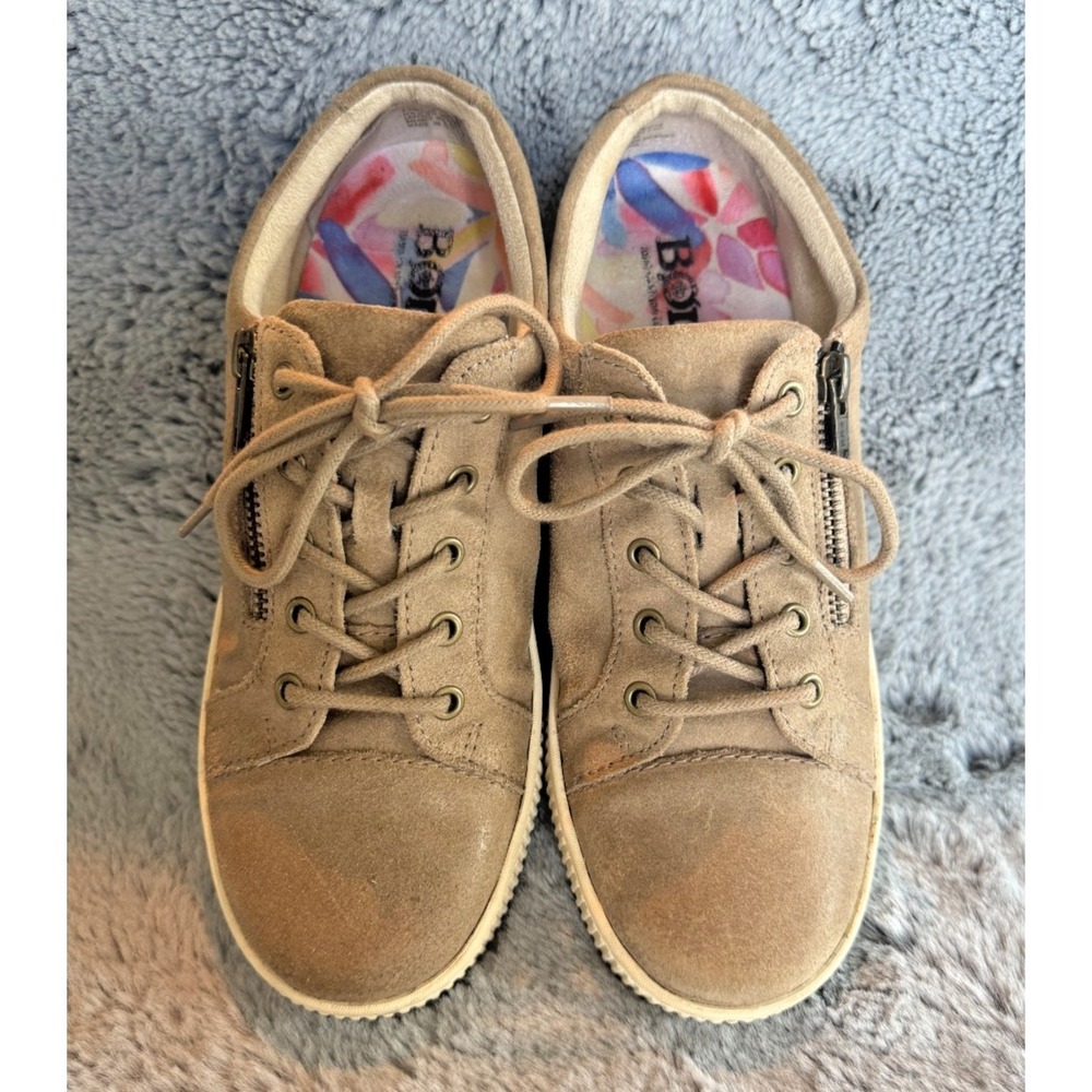 BORN Tamara Tan Suede Leather Lace Up Sneakers Side Zip Comfort Slip-On - Picture 2 of 9